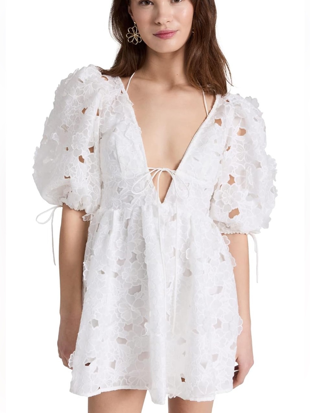 NWT🍋 For Love & Lemons Women's Serena White Floral Eyelet Puff Sleeve Mini Dress